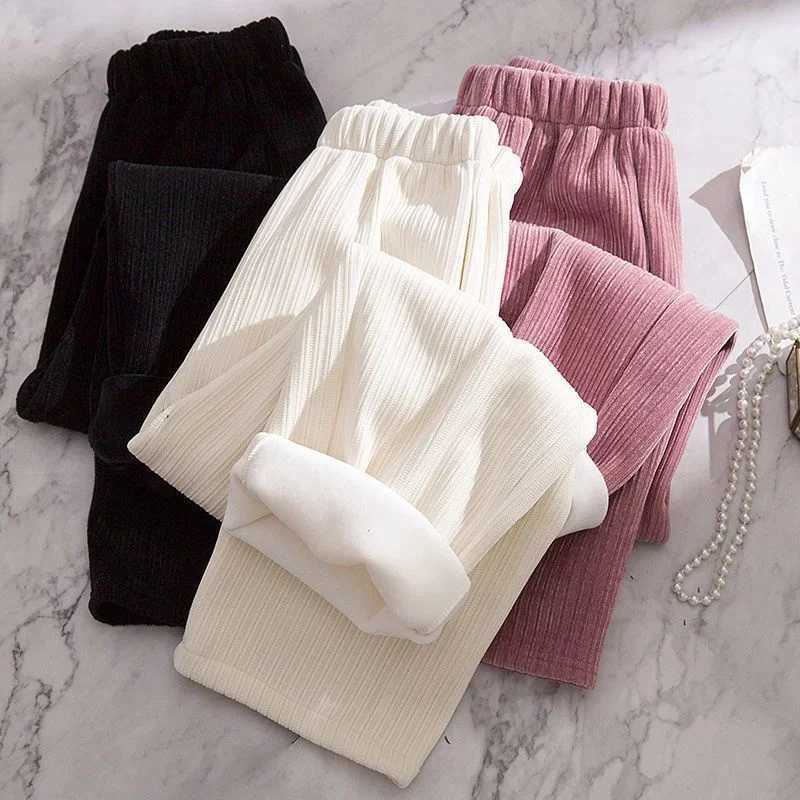 Winter Thicken Velvet Wide Leg Pants Solid Womens Snow Wear Pantalone Korean Fashion Plush Thick Elastic High Waist Spodnie NewT251025