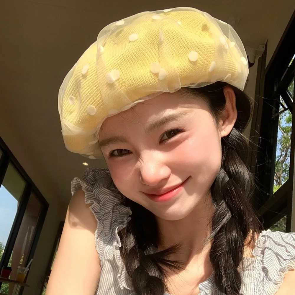 Fashion Korean Polka Dot Berets Mesh Y2k Knit Painter Cs Lace Casual Beanie C Spring Summer Y251025