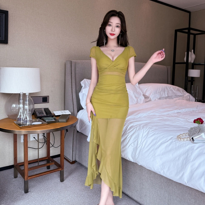 New Nightclub Designer Long Dress Sexy Low cut Mesh Dress Women's Sauna Massage Foot Bath Technician Work Clothes