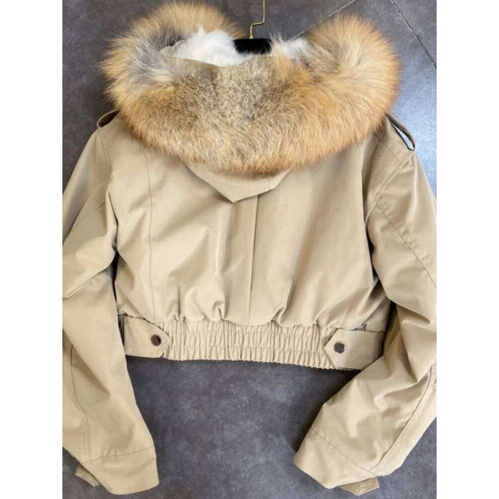 2025 Balck Winter Women New Fur Collar Liner Real Rabbit Hair Multi Pocket Short Jacket Cotton Hooded Casual Coat