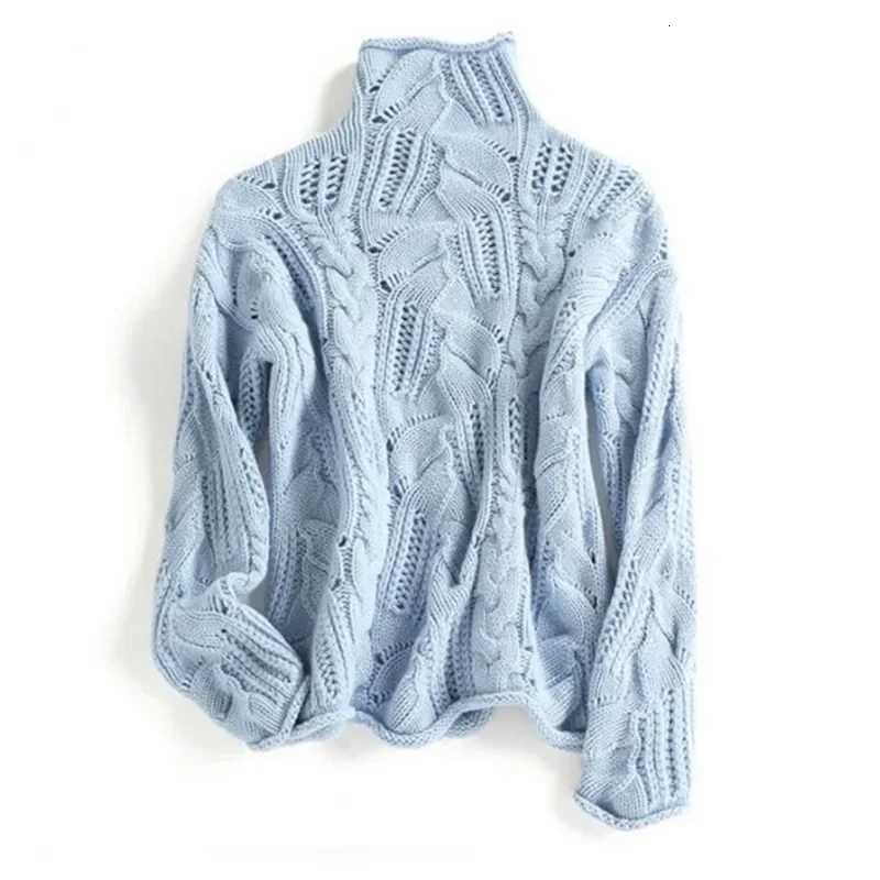 2025Autumn Winter Solid Korean Twist Hollow Women Sweater Causal Loose Wool Knit Pullover Turtleneck Women KnitwearsT251025