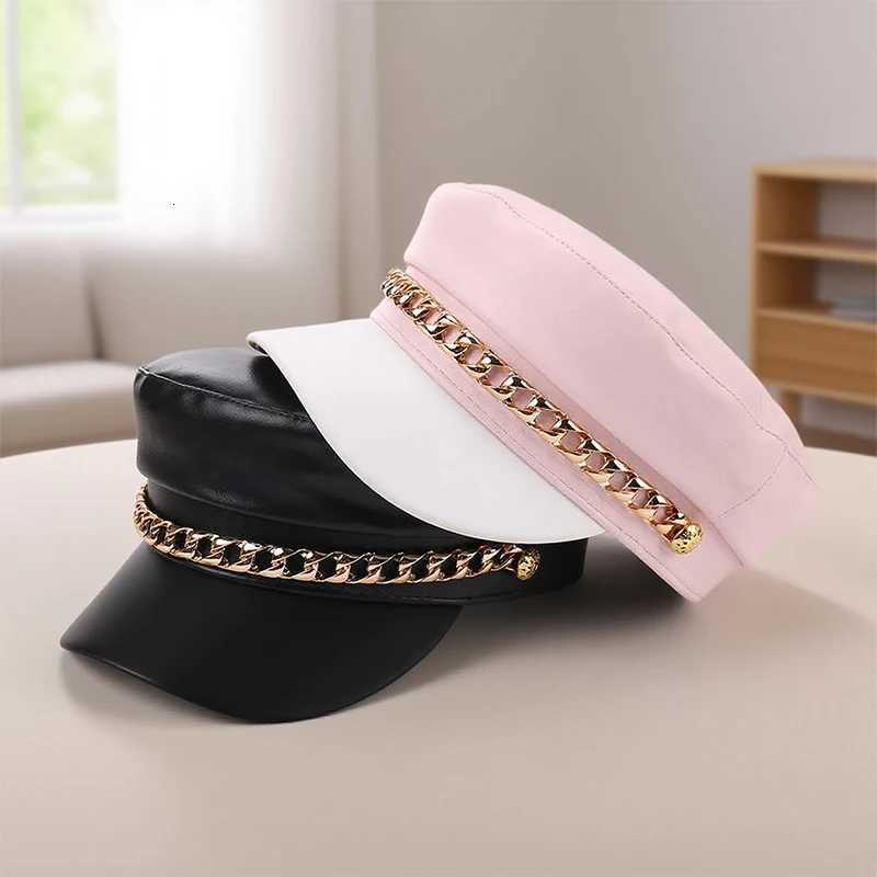 Fashionable Autumn Winter Metal Chain Decorated Casual Versatile Double Partition Cos Hat Stylish Flat Top C for All Seasons Y251025
