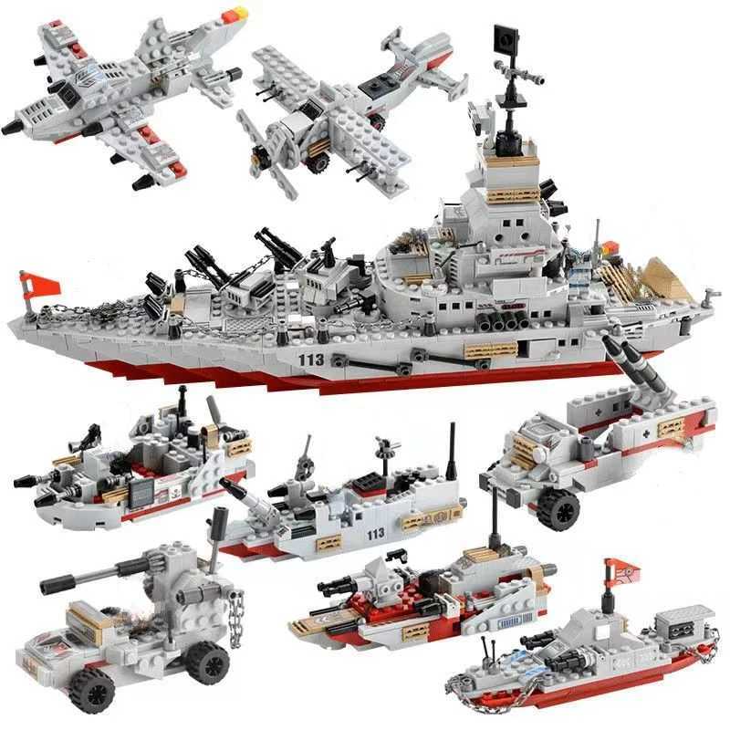 1000Pcs Navy War Chariot Ship Army Boat Plane Model Warships Building Blocks City Children Toys for Boy C251023