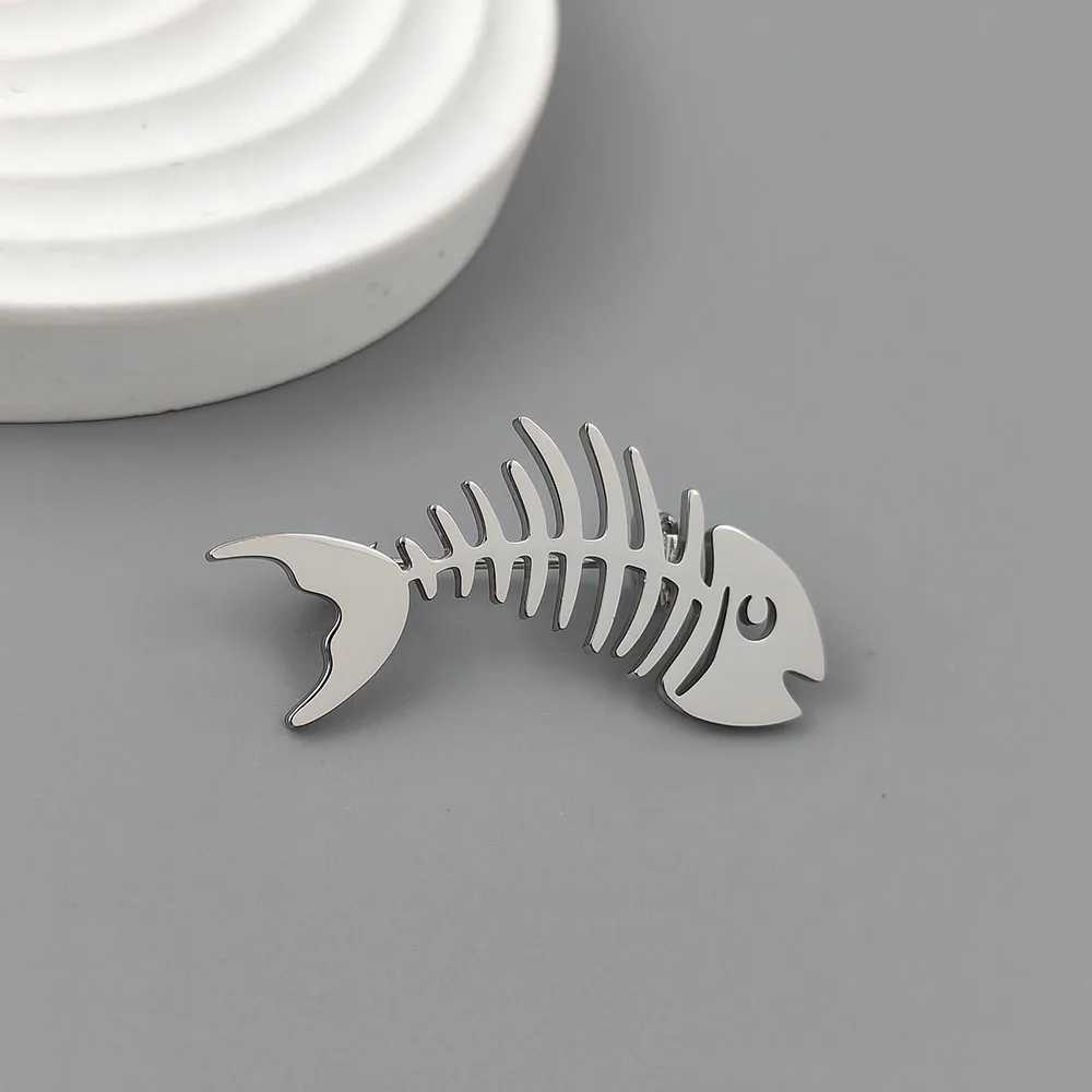 Fashion punk style hollow fish bone stainless steel goldplated 18K brooch black suit accessories wedding matching set J251115