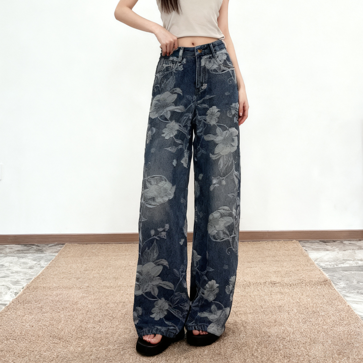 Women's Jacquard Fleece-Lined Loose Jeans - Casual Warm, Comfortable Denim Pants with Floral Pattern, Ideal for Autumn & Winter Daily Wear 2818 Z