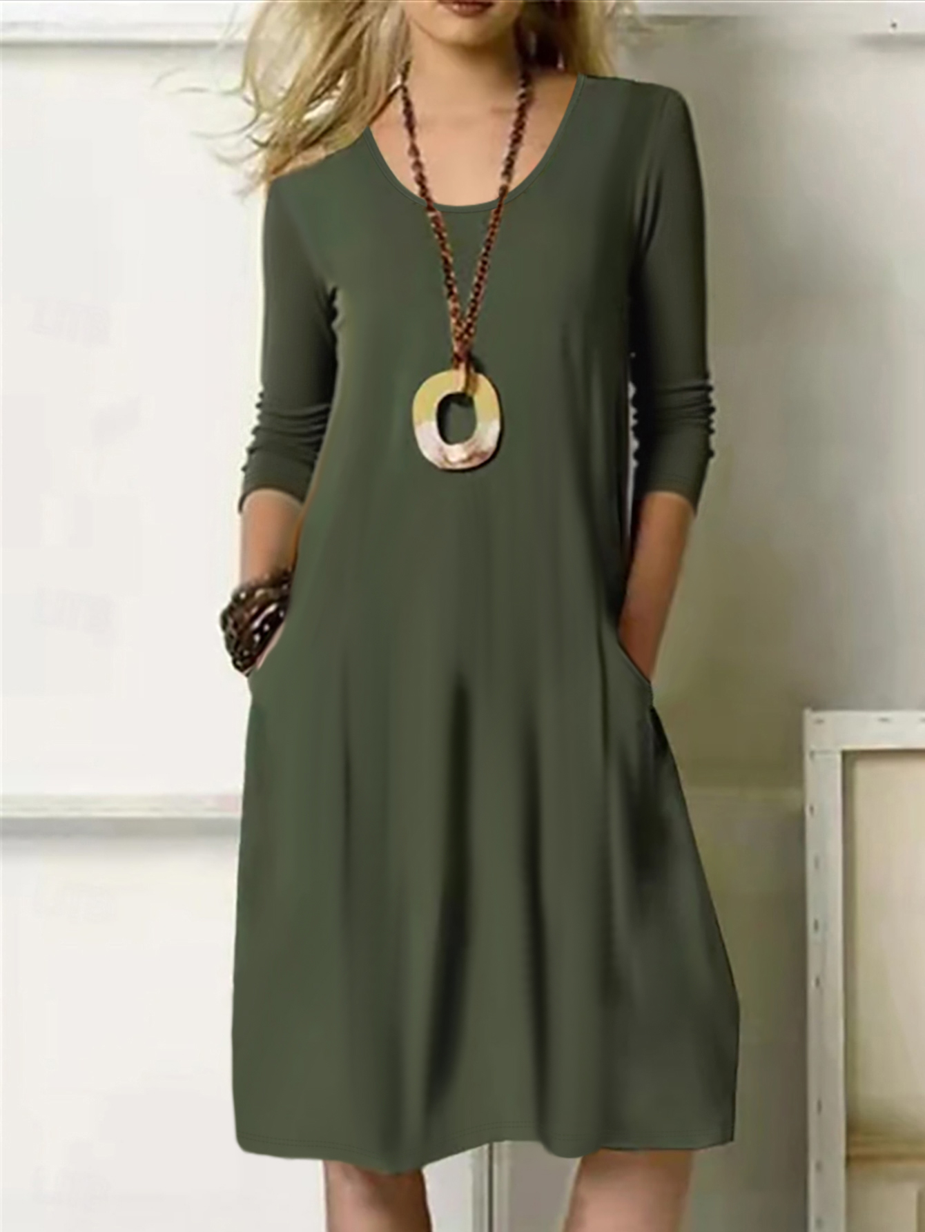 Autumn Winter Women's Fashion Solid Color Long Sleeve Dress, Milk Silk Commute & Daily Home Wear Mom Dress, S-XXL Army Green/Black--CF51145