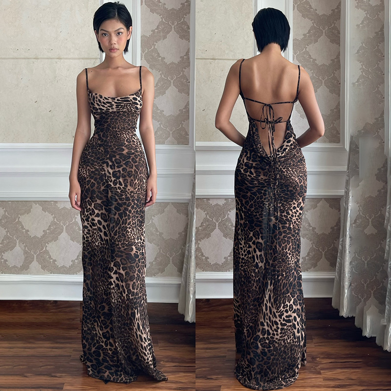 Designer's sexy leopard print backless dress V-neck lace up new summer long dress women's suspender dress tight fitting dress