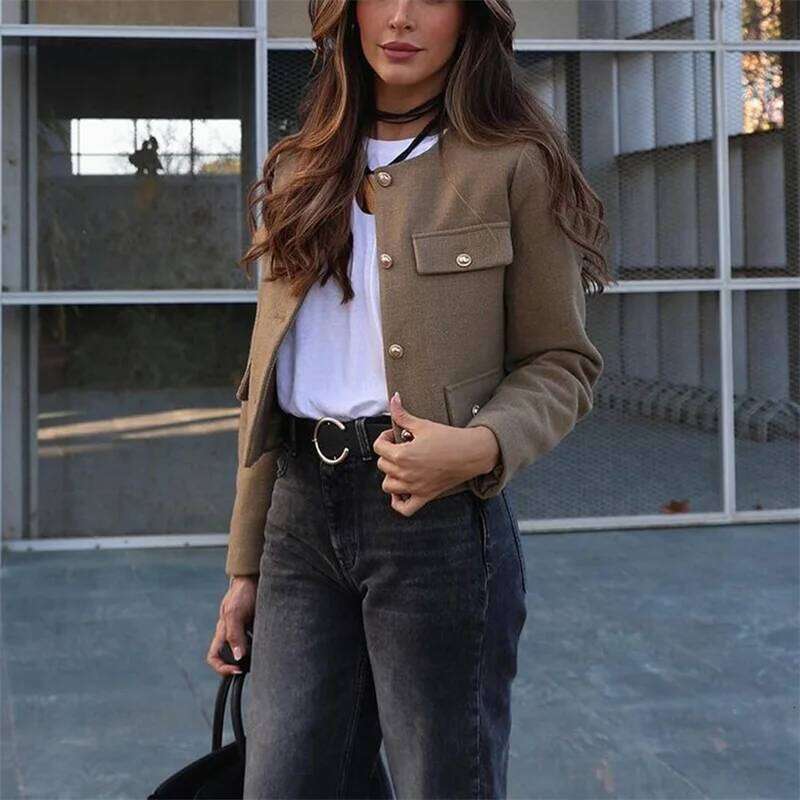 MUJER Cropped Tweed Jacket Woman Coat Button Long Sleeve Elegant Jackets For Women Short Coats Fashion New In Outerwears