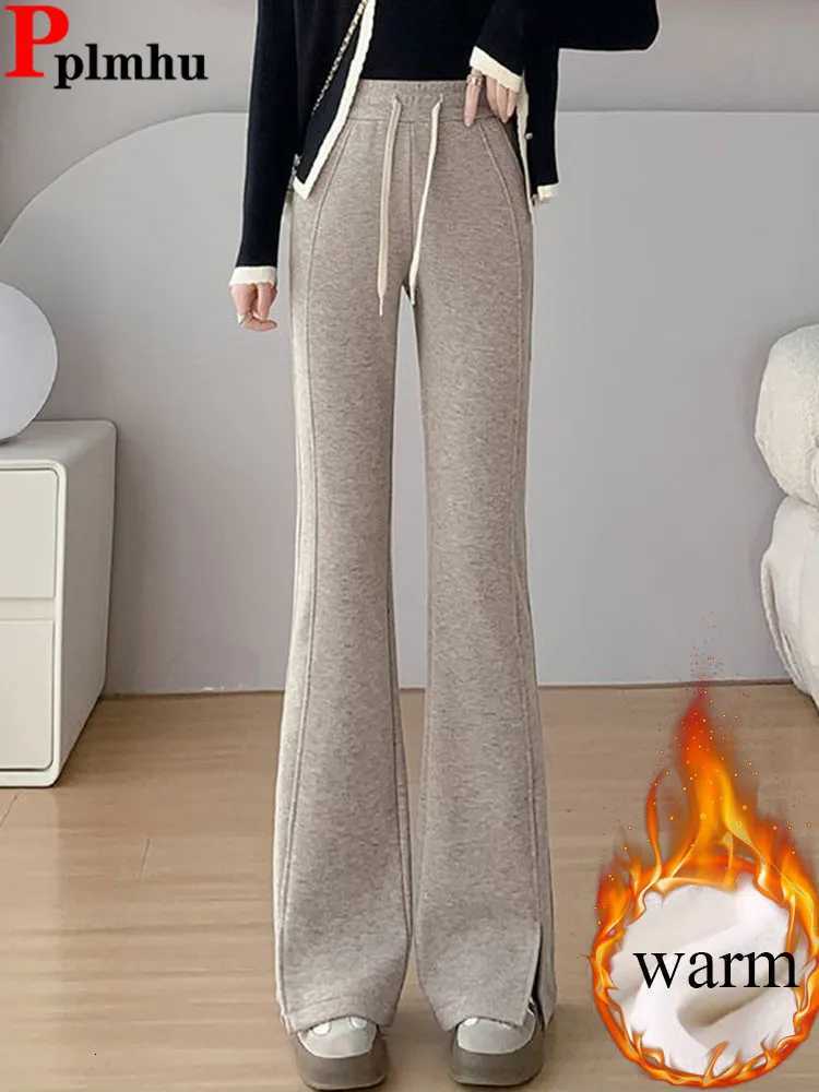 Split Design Thicken Slim Flare Pants Women Elastic High Waist Velvet Lined Wide Leg Pantalones Winter Warm Casual Solid CalcaT251025