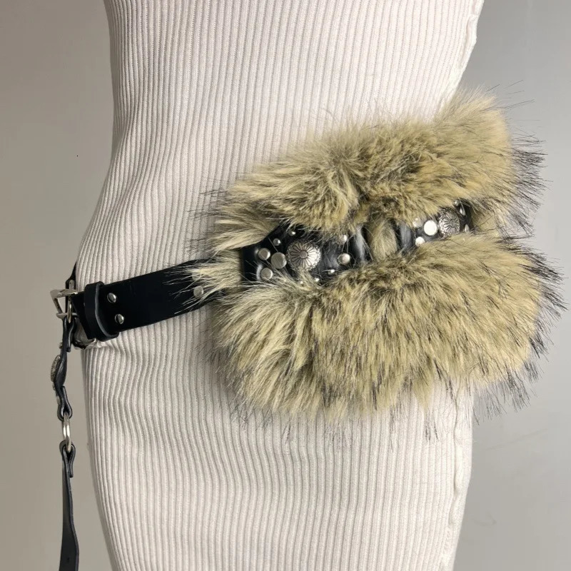 Punk PU Studded Fur Belt Y2k Vintage Faux Fur Rhinestone Patchwork Belt Metal Plush Waist Chain Furry Waistband Jeans Belts 251024