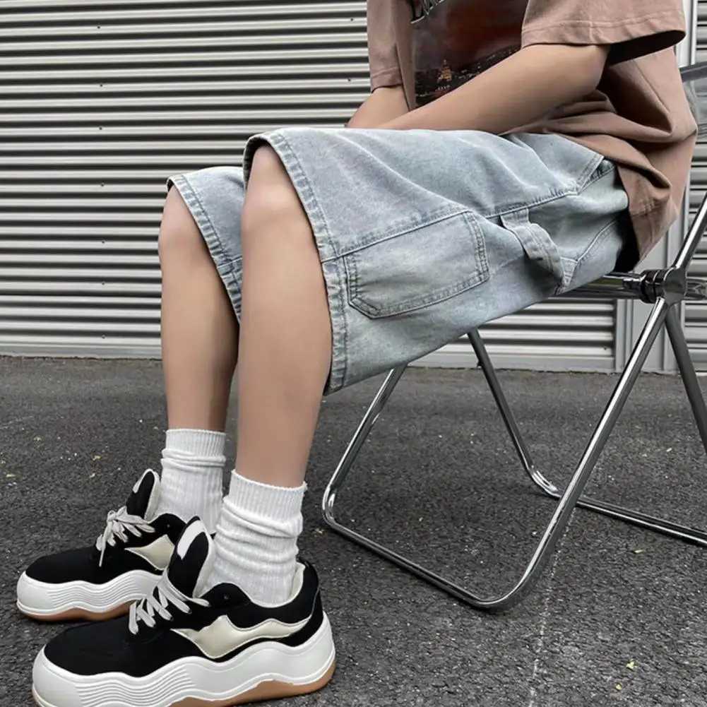 Fashionable Loosefit Straightleg Denim Shorts Simple Solid Color Casual Versatile Mens Fivepoint PantsXJ251025