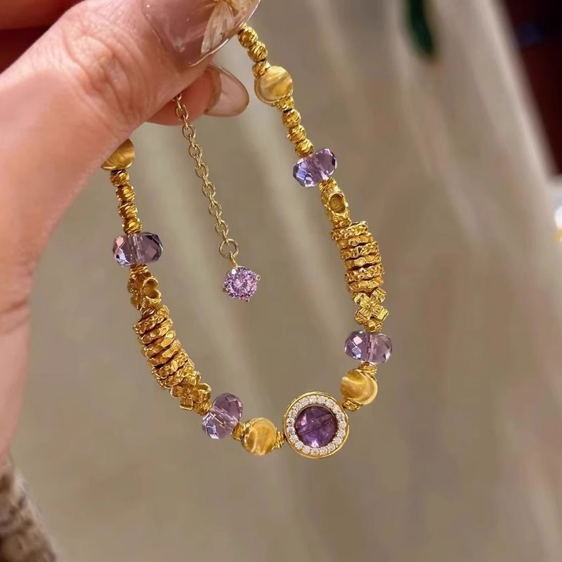 TaiYang New Gold Plated Copper Purple Coiled Bead Bracelet, Gold Plated Wealth-Attracting Bangle with Zircon Accents for Women