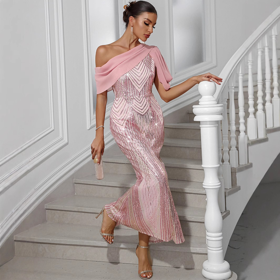 European and American new women's designer fashionable and sexy one shoulder chiffon patch sequin dress evening gown