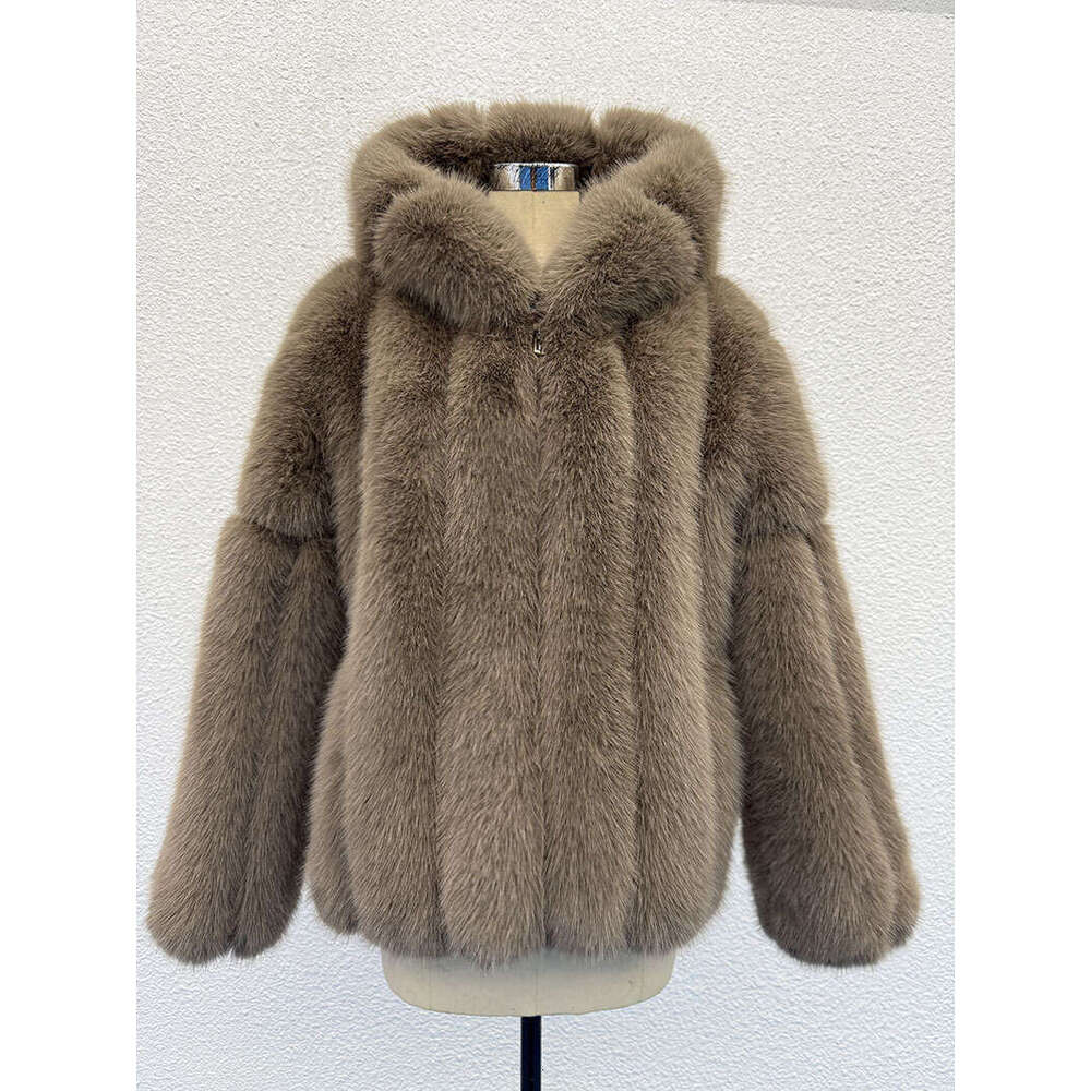 Korean New Coat Style Women's Strength Winter Faux Fox Fur Hooded Warm Overcoat