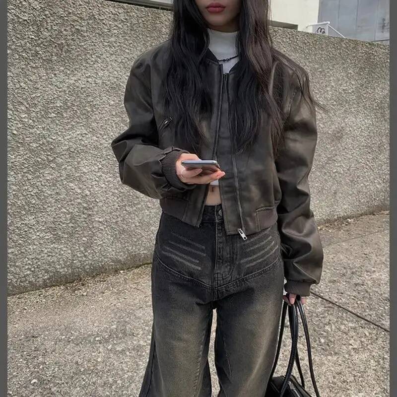 Korean style Handsome do old lapel zip loose versatile biker clothing PU leather short jacket dongdumaoyi
