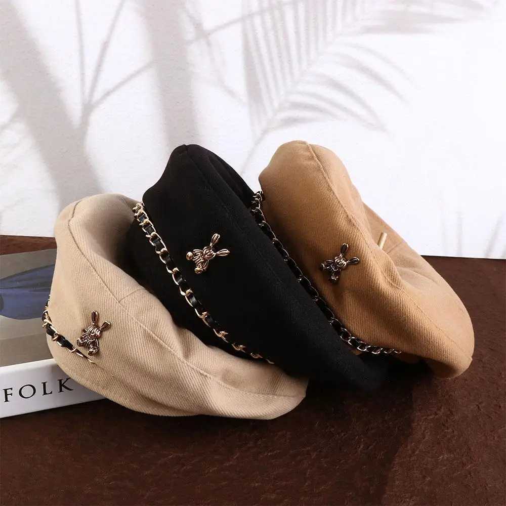 Gift Metal Chain Girl Beanie Hat Windproof Rabbit Pattern Korean Style Hat Winter Autumn Beret Wen Beret Fashion Painter Hat Y251025