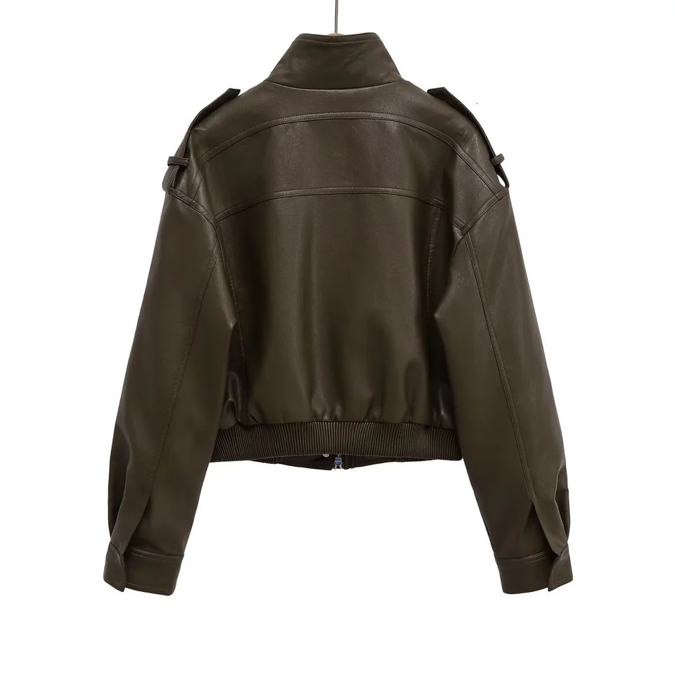 UNIZERA autumn womens retro large pocket workwear zipper stand collar leather loose longsleeved short jacket 251020
