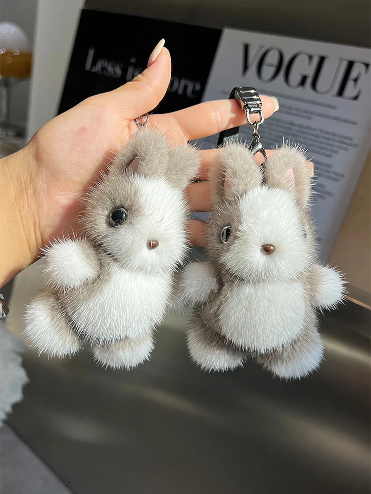 Cute Rabbit Real Mink Fur Key Chains Plush Bunny Toy Girls Schoolbag Charm Ornaments Women Car Keyrings Rearview Mirrors Pendant 251023