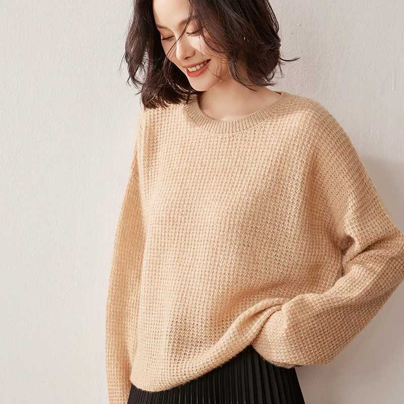 100 Cashmere Sweater for Women Pullover Corn Grain Shiny Silk Sweater Versatile Loose Round Neck Knitted Base Shirt for WomenT251025