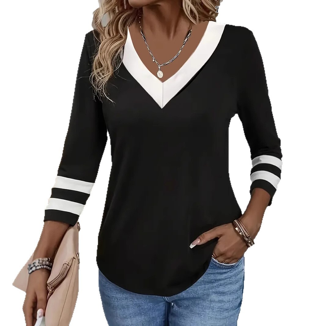 American Style 2025 New Casual Fashion Trend Color Block Long Sleeve V-Neck T-Shirt
