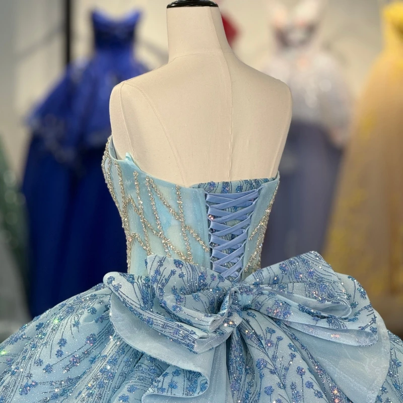 Sky Blue Quinceanera Dresses Ball Gown Off The Shoulder Applique Lace Beading Bow Corset Tiered Tull Party Birthday Sweet 16 Dress Vestidos 15 De Anos