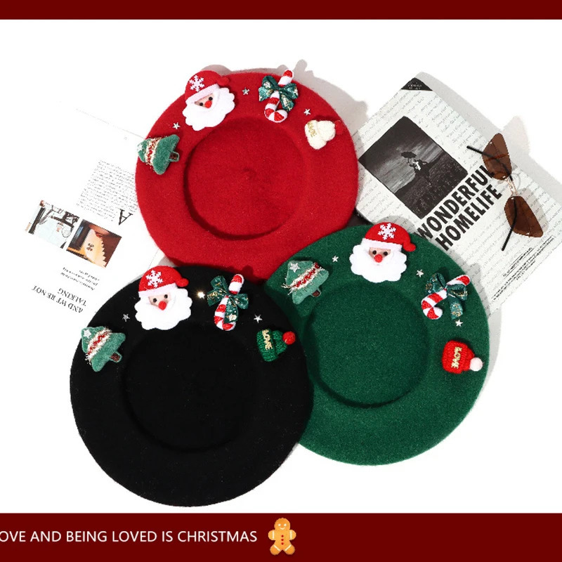 Christmas Beret Hat Women Funny Warm Berets Fashion Korean painter hat Black White Green Red Christmas Hats 251023