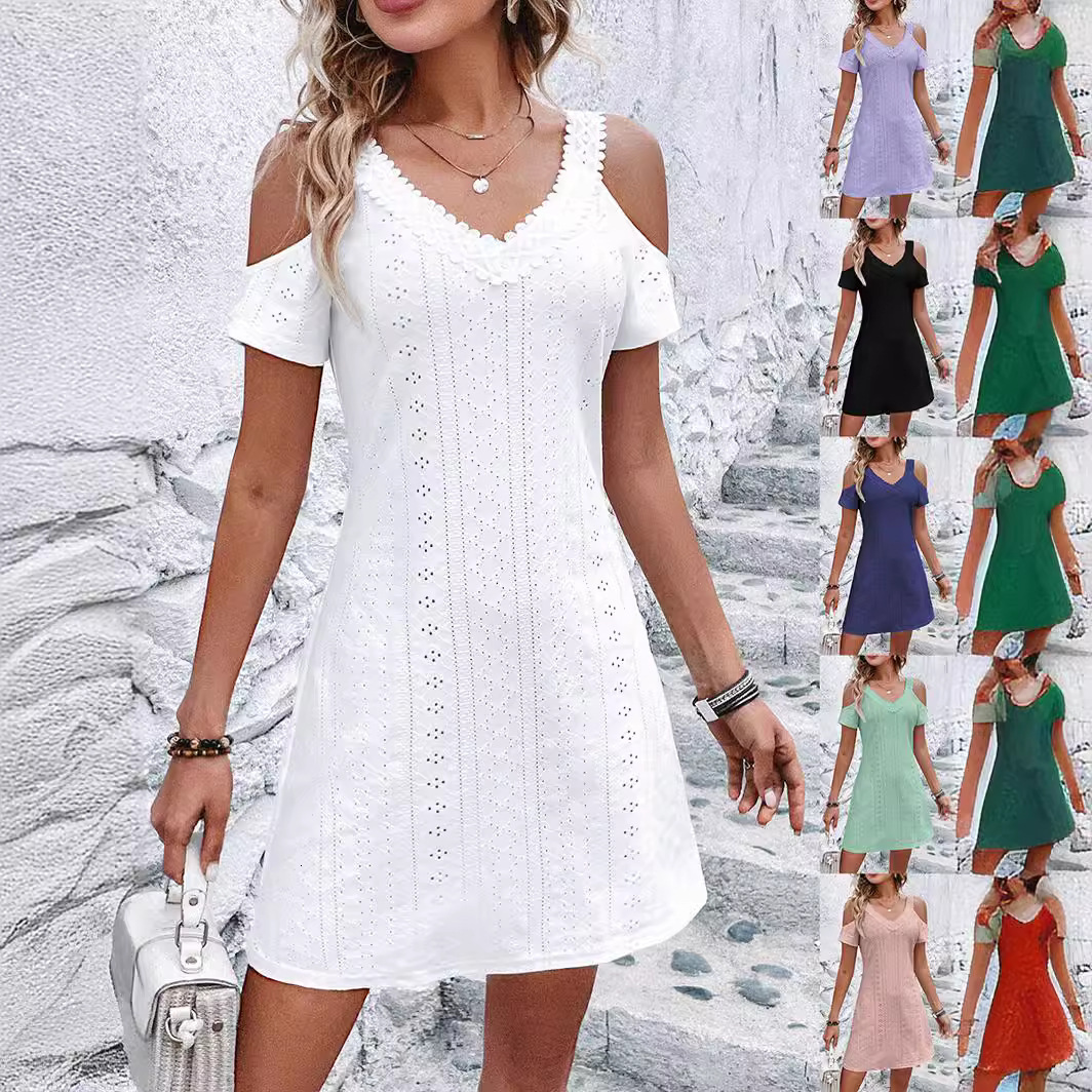 Trendy for Women 2025 Summer New Off-Shoulder Short Sleeve Elegant Slimming Dress