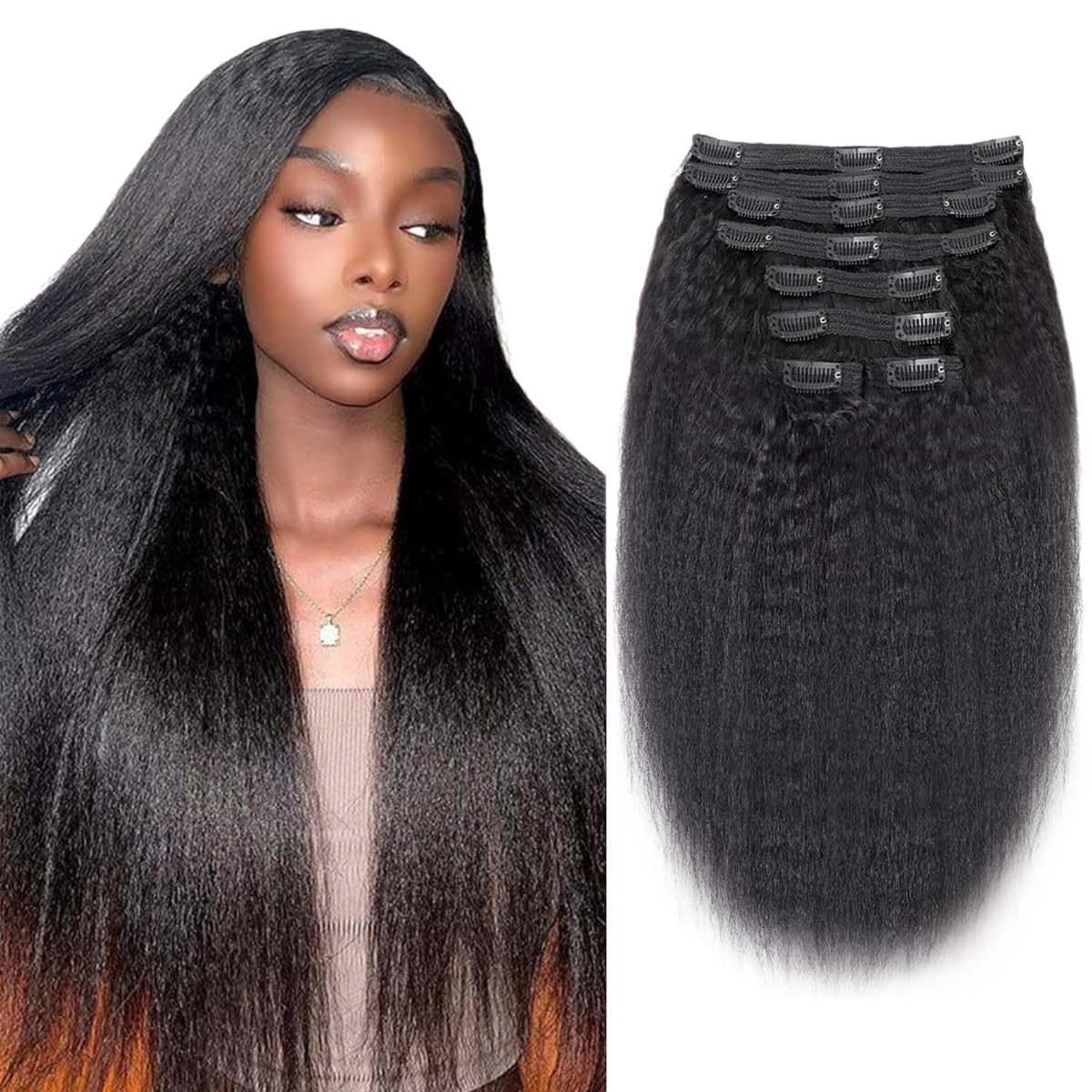 Kinky Straight Clip Ins Human Hair Double Weft 8-30 Inch 90-150g 8pcs Natural Black Real Hair
