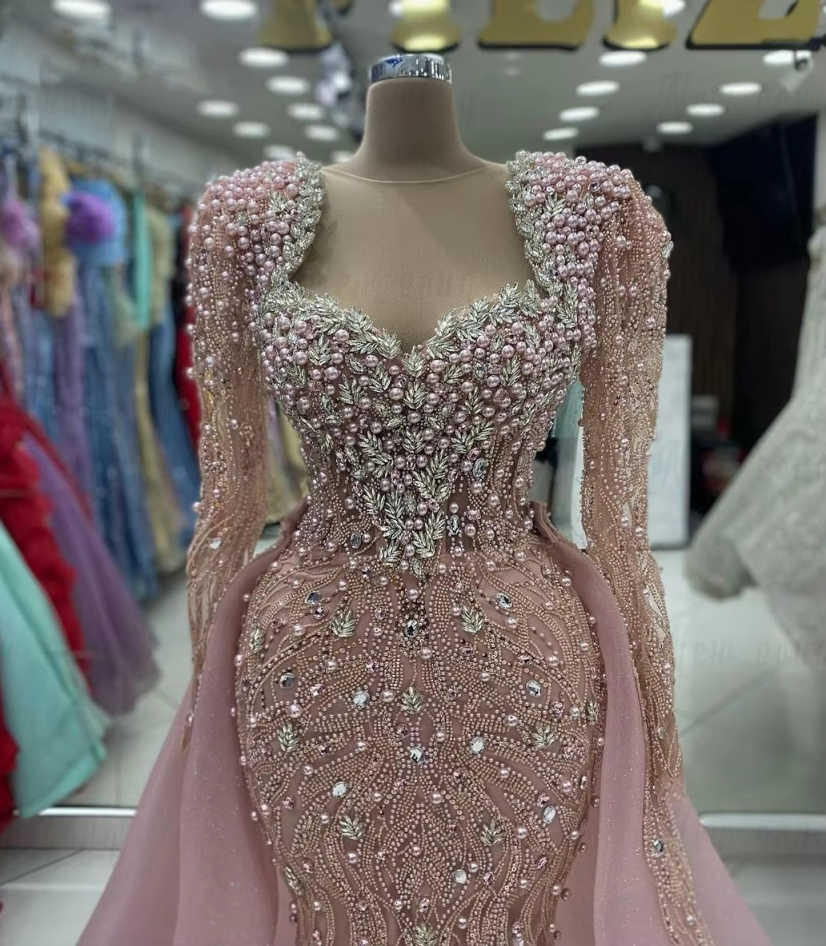 Sparkling Women Evening Dress Long Sleeve Pearls Rhinestone Wedding Dinner Party Bride Gowns Formal Prom Dress Customized