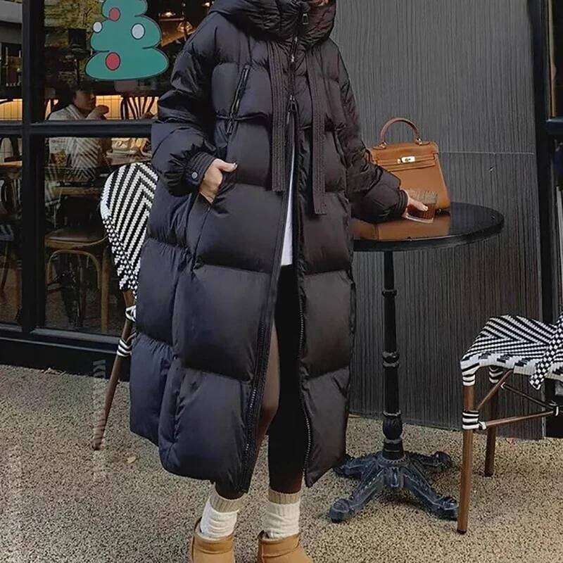 Sleeve Zipper Pocket Long Casual Thicken Warm Hooded Lady Office Parkas Fall Winter Down Coat