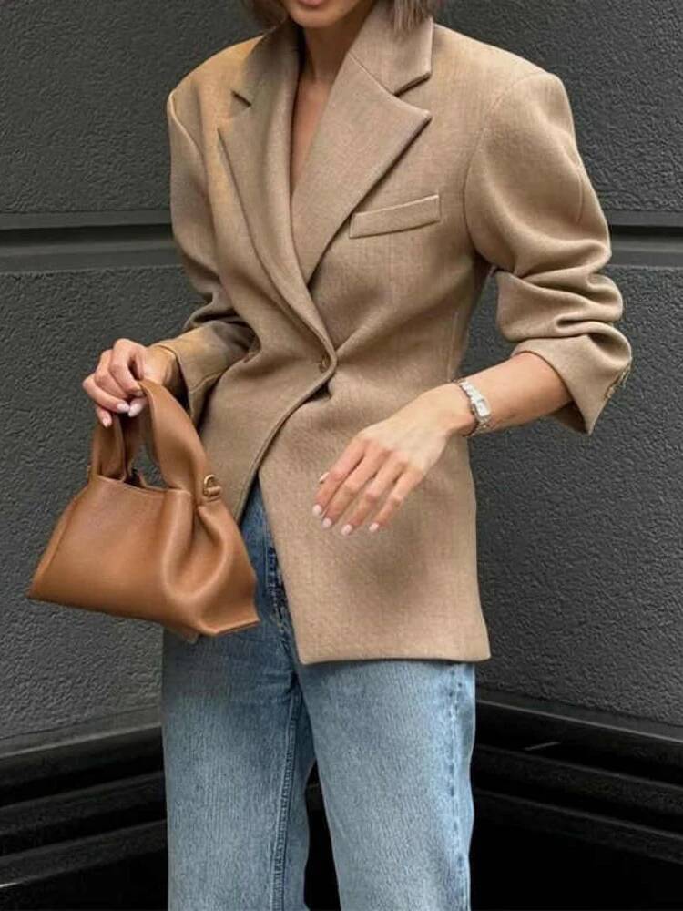 Women Vintage Slim Fit Blazer Lapel Long Sleeve Double Breasted Single Pocket Casual Solid Jacket Fall Winter New Chic Coat dongdumaoyi