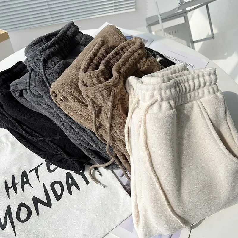 Fleece Pants Women Solid Thick Warm Loose Autumn Winter Leisure Sports Ankle Length Pockets Drawstring Students Preppy Chic LadyT251025