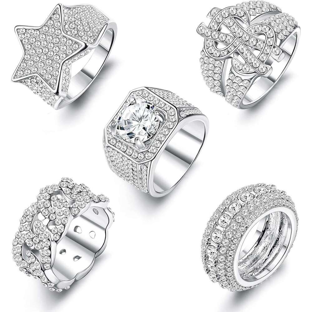 Iced Out for Men Bling Fake Dia Costume Pinky Chunky Gold Sier 80s 90s Hip Hop Rings Star Cuban Chain Square US Dollar Sign Rapper Fashion Cosplay Man