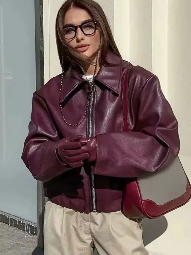 HH Wine Red Faux Leather Jakcet Fashion Outerwear Thicken Zipper Lapel Pu Coats Autumn Winter Streetwear Ladies Tops Women 251020