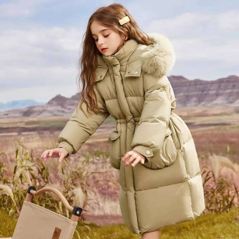 Winter Warm Girls Plain Long Cotton Lined Faux Fur Hood Zip Puff Jackets School Kids Thick Coats Child Outfit Windbreaker 5-16Yr