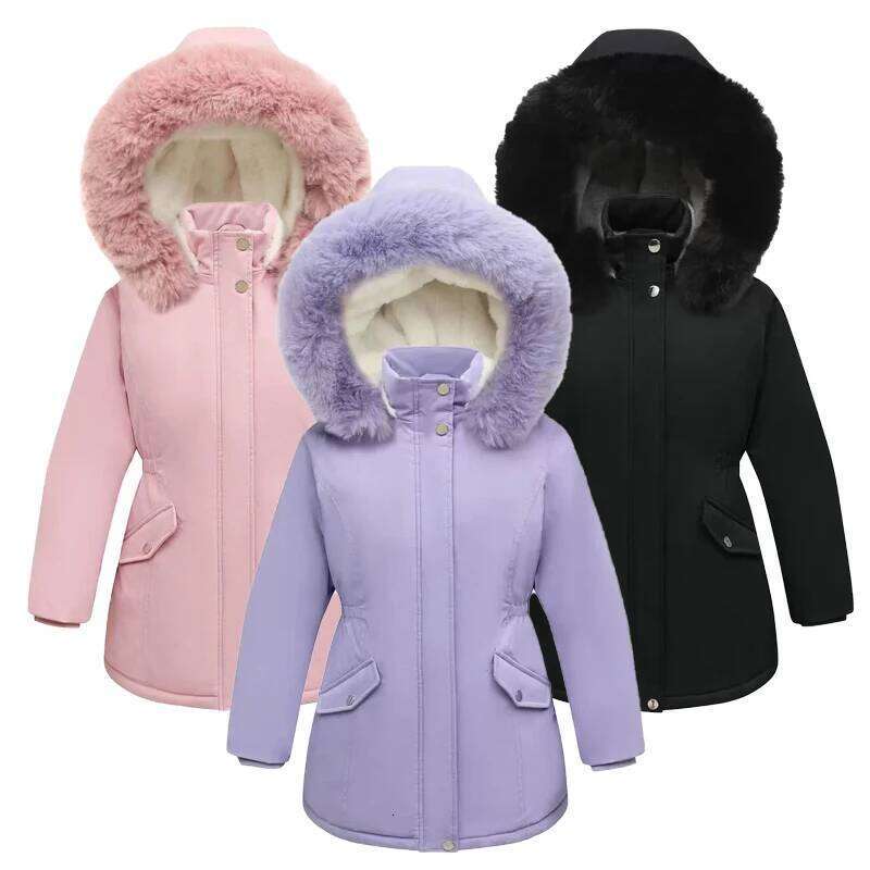 Teen Girls Winter Parkas New Kids Solid Color Waist Thickened Insulation Plush Hood Jacket Coat Children Clothes Long Outerwear
