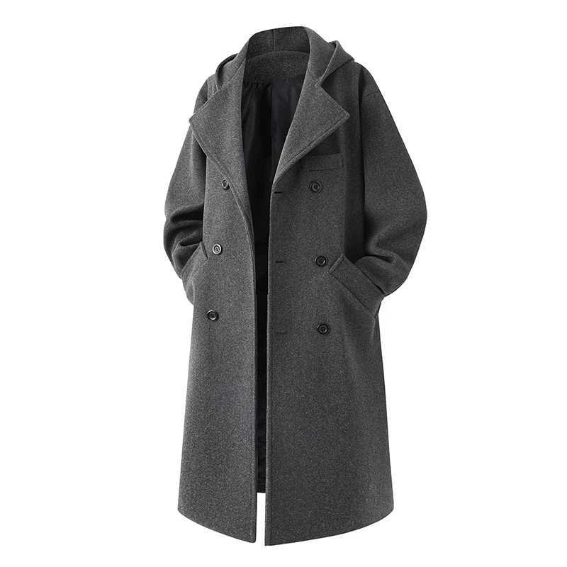 Trench men 2025 new autumn winter men imitation wool fabric hooded wool overcoat suit collar double breasted mid long lengthT251025