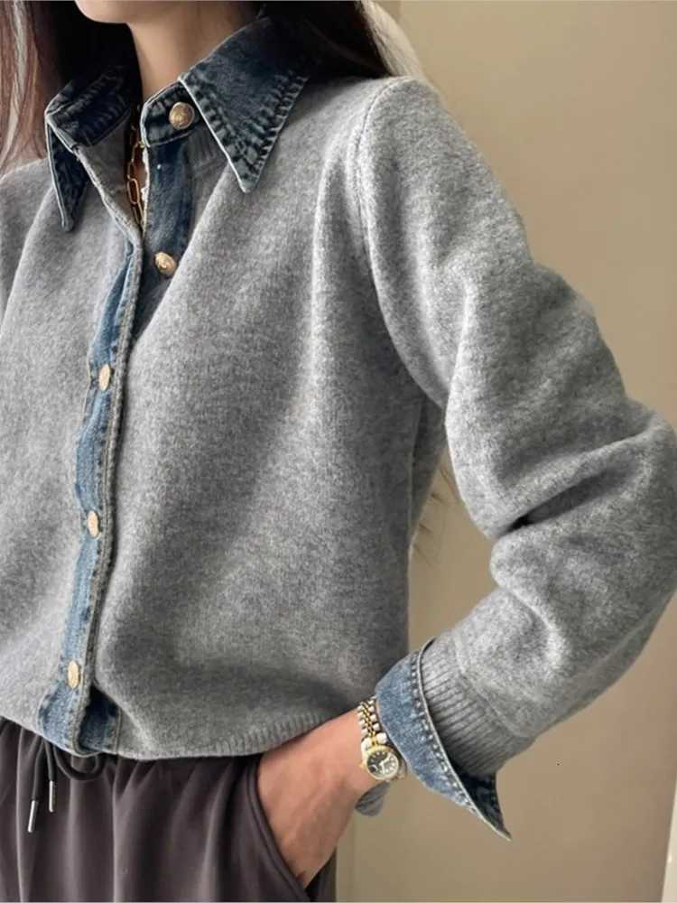 Knitted Autumn Cardigan Women Denim Patchwork Fashion Ladies Cardigans Korean Style Loose Casual Woman Sweater CoatsT251025