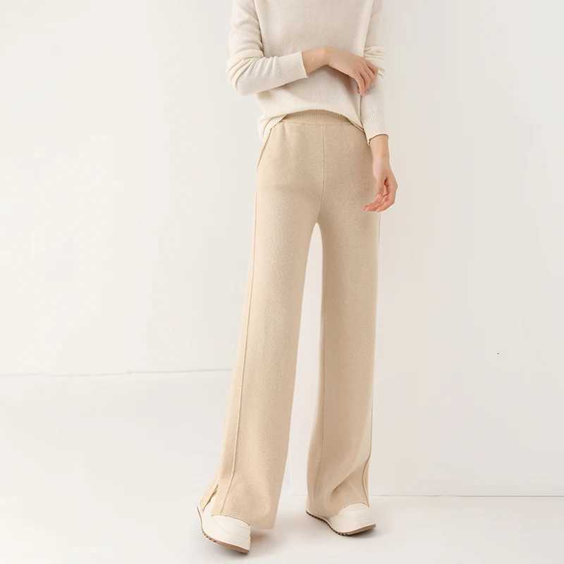 Women Wool Wide Leg Trousers Elastic Waist Side Slit Woman Wool Pants Autumn Winter 100 Merino Wool Knitted Soft Warm TrousersT251025