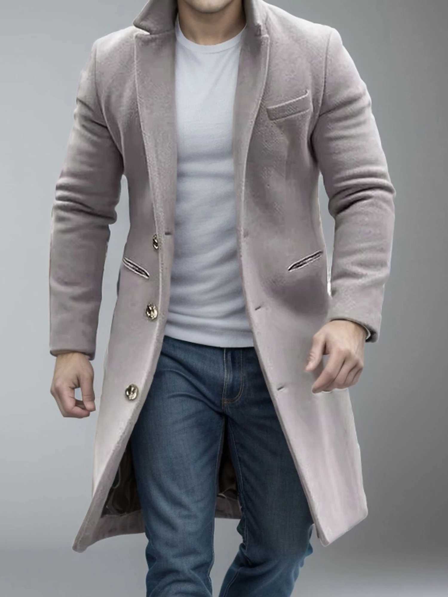 Men s Classic Wool Blend Pea Coat with Notched Lapel and Button Closure for Stylish Winter Outerwear and Streetwear FashionT251025