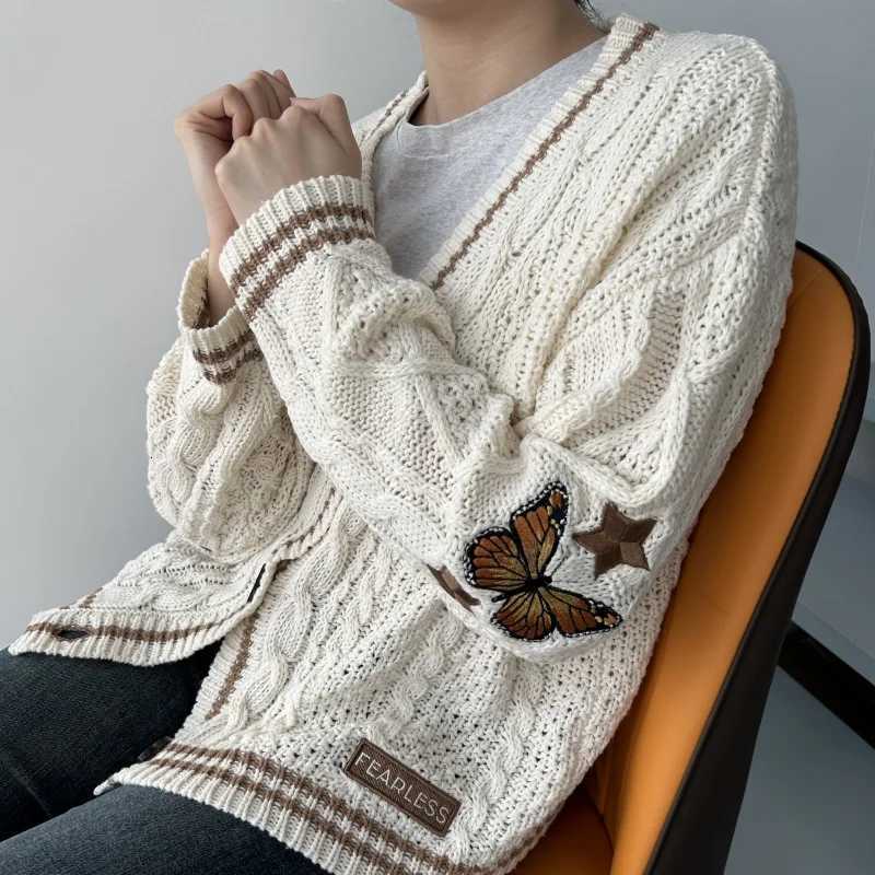 Womens Knitted Cardigan Winter Soft Loose Vneck Knit Cardigan Female Orange Gradient Butterfly Embroidered Y2K Sweater AutumnT251025