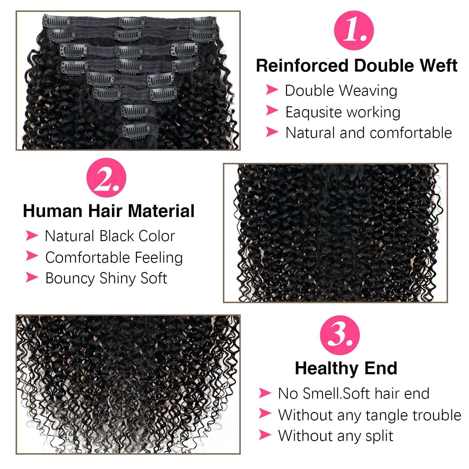 Brazilian Remy Human Hair Clip Ins 4C Afro Curly 8Pcs 18 Clips Full Head Set for Black Women 8-24 Inch Natural Colo