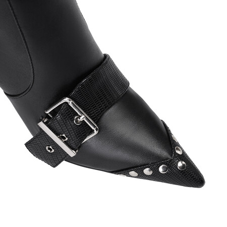 Chengdu Craftsmanship Two-Way Wear Punk Stud Boots 10cm Stiletto Heel Belt Buckle Pointed Toe Ankle and Knee High Boots Black