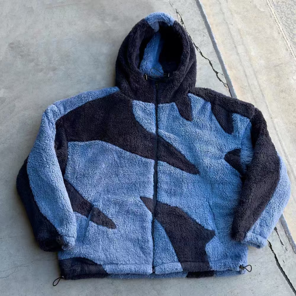 Designer Y2K European and American lambswool splicing cardigan zipper hooded street jacket for men and women