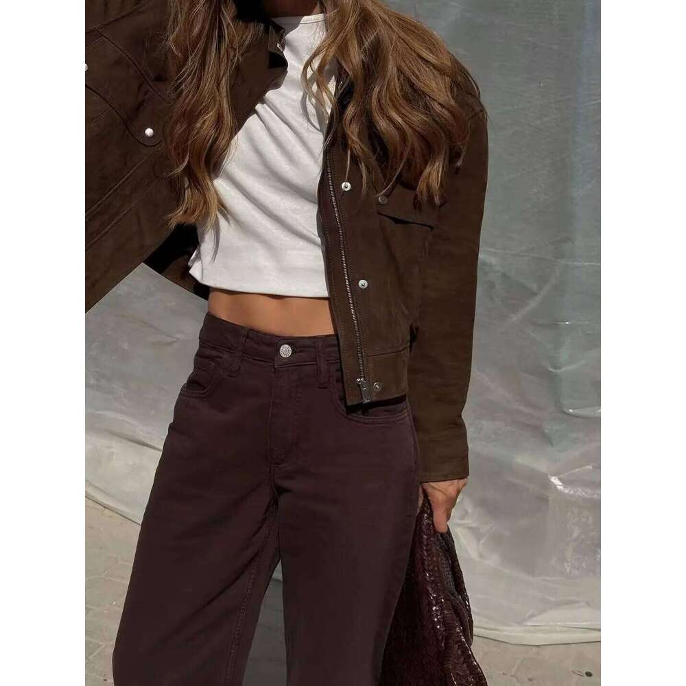 Tidalyf Women Faux Suede Jacket Stand Collar Long Sleeve Decorative Pocket Elastic Hem Casual Chic Autumn Coat