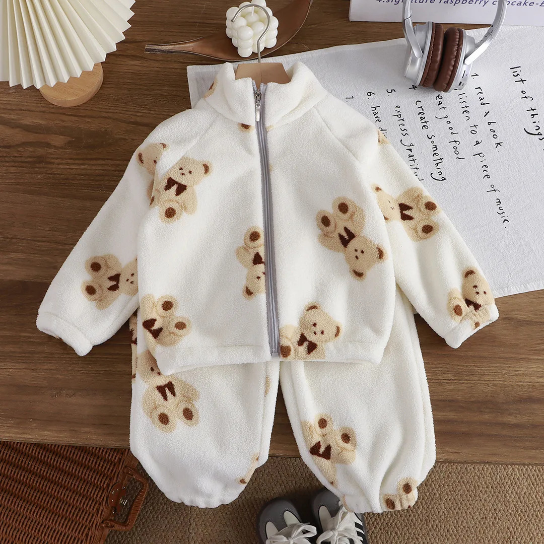 Baby Girl clothes plush thickened twopiece set of fleece cartoon casual home clothes childrens tops and bottom sets 251023