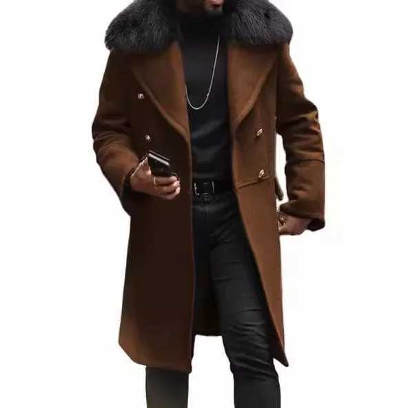 European and American Mens Casual Woolen Coat for Autumn and Winter Young Mens Doublebreasted Fur Collar Overcoat S5XLT251025