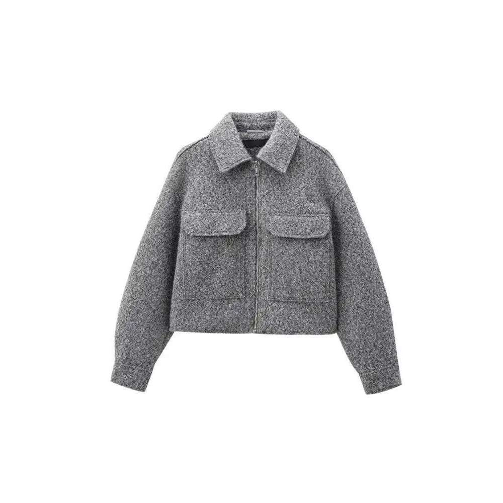 Cropped Jacket With Pockets For Women Long Sleeve Coat Front Zipper Female Outerwear Chic Tops Fashion