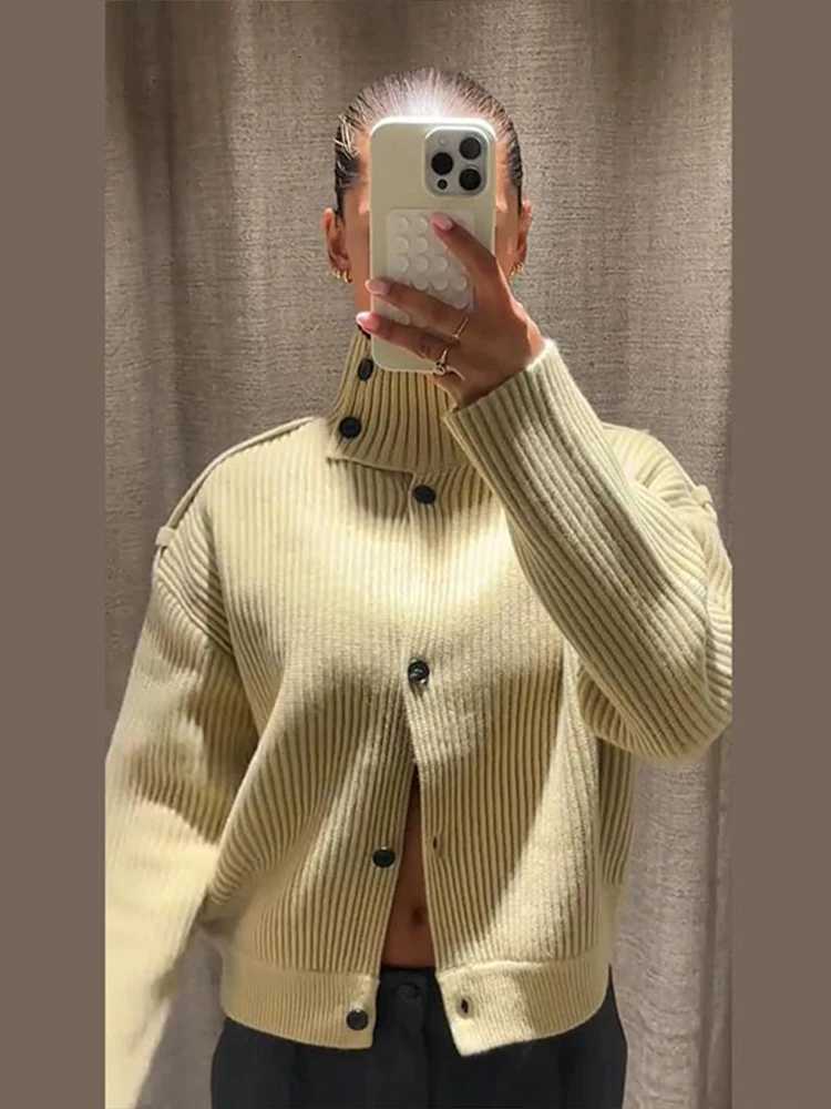 High Neck Knitted Sweater Jacket Woman Solid Color Single Breasted Long Sleeves Loose Coats Casual Street Womens Autumn JacketsT251025