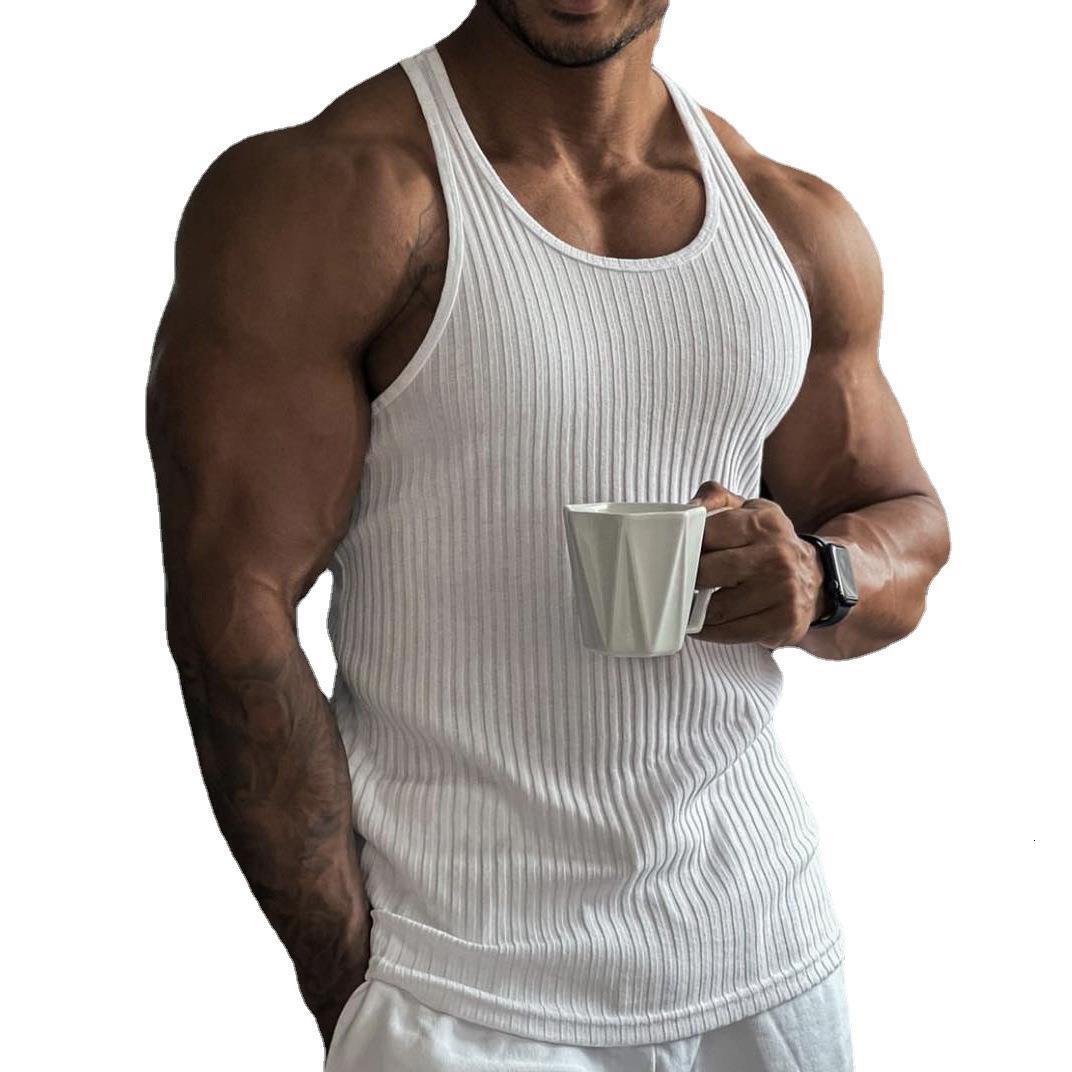 2025 New Spring Summer Knitted Solid Color Fitness Sports Slim Fit Tank Top Men's Clothing